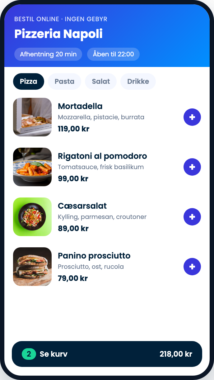 Yumio bestillingsside på mobil med menu, priser og kurv